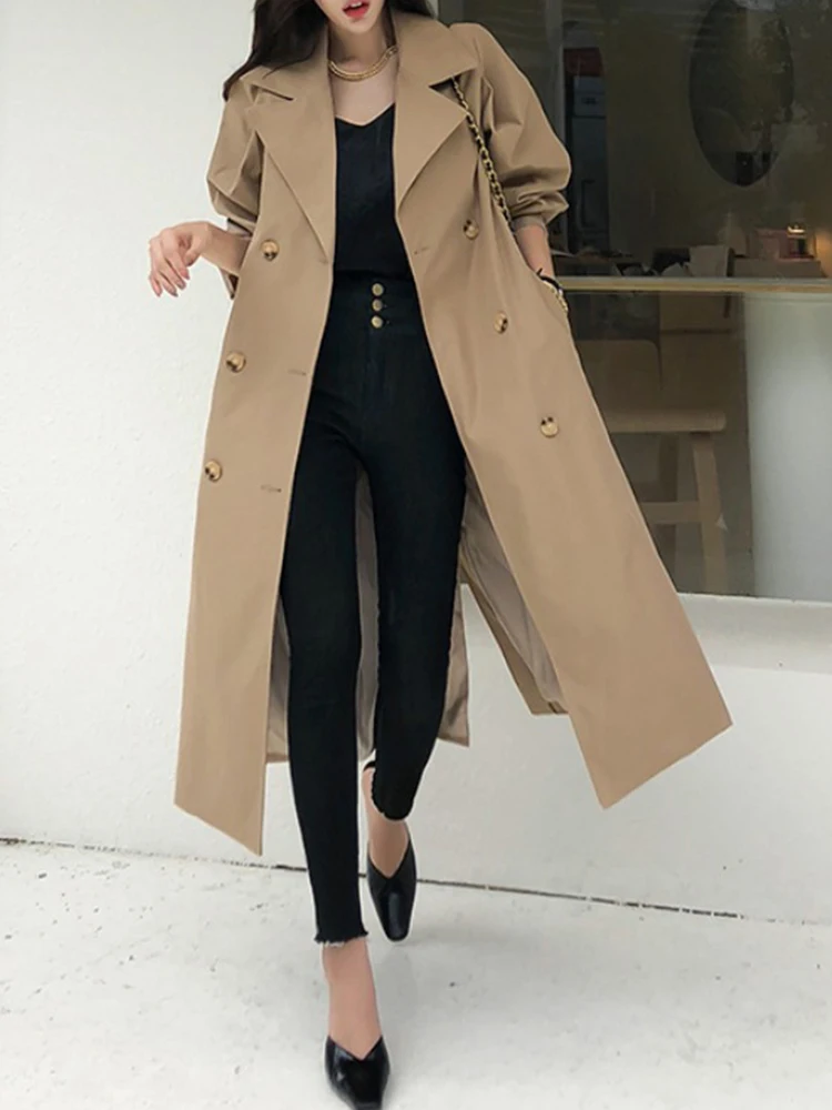 

Весенне-осенняя женская куртка, пальто, винтажная темпераментная формальная двубортная куртка с карманами на поясе, свободная длинная верхняя одежда, ветровка Street