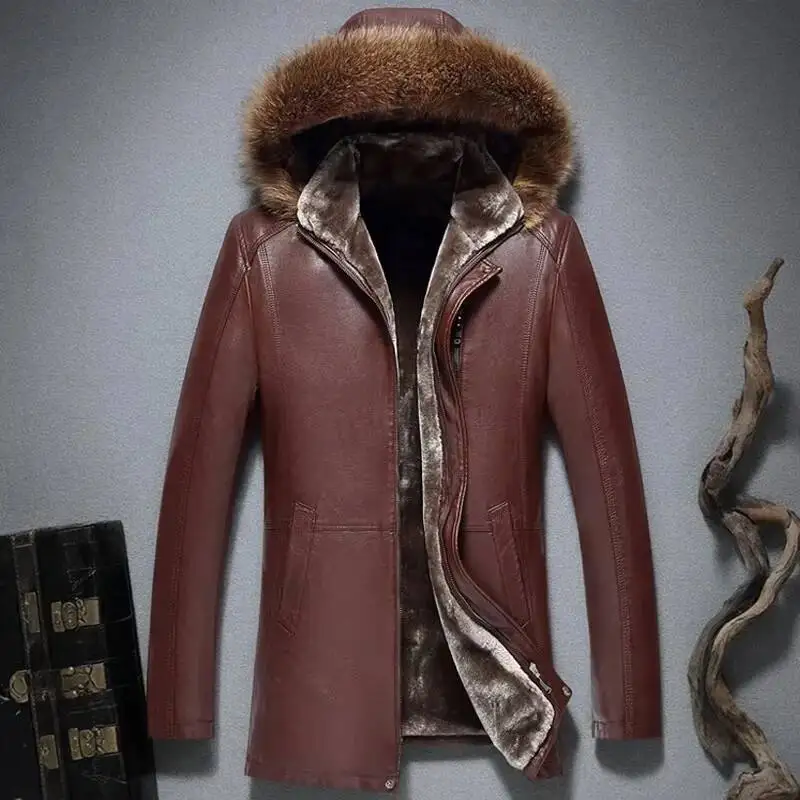 Men's Genuine Winter Hooded Raccoon Collar Medium Long Jacket Fur Leather Coat Man Sheepskin Men Overcoat