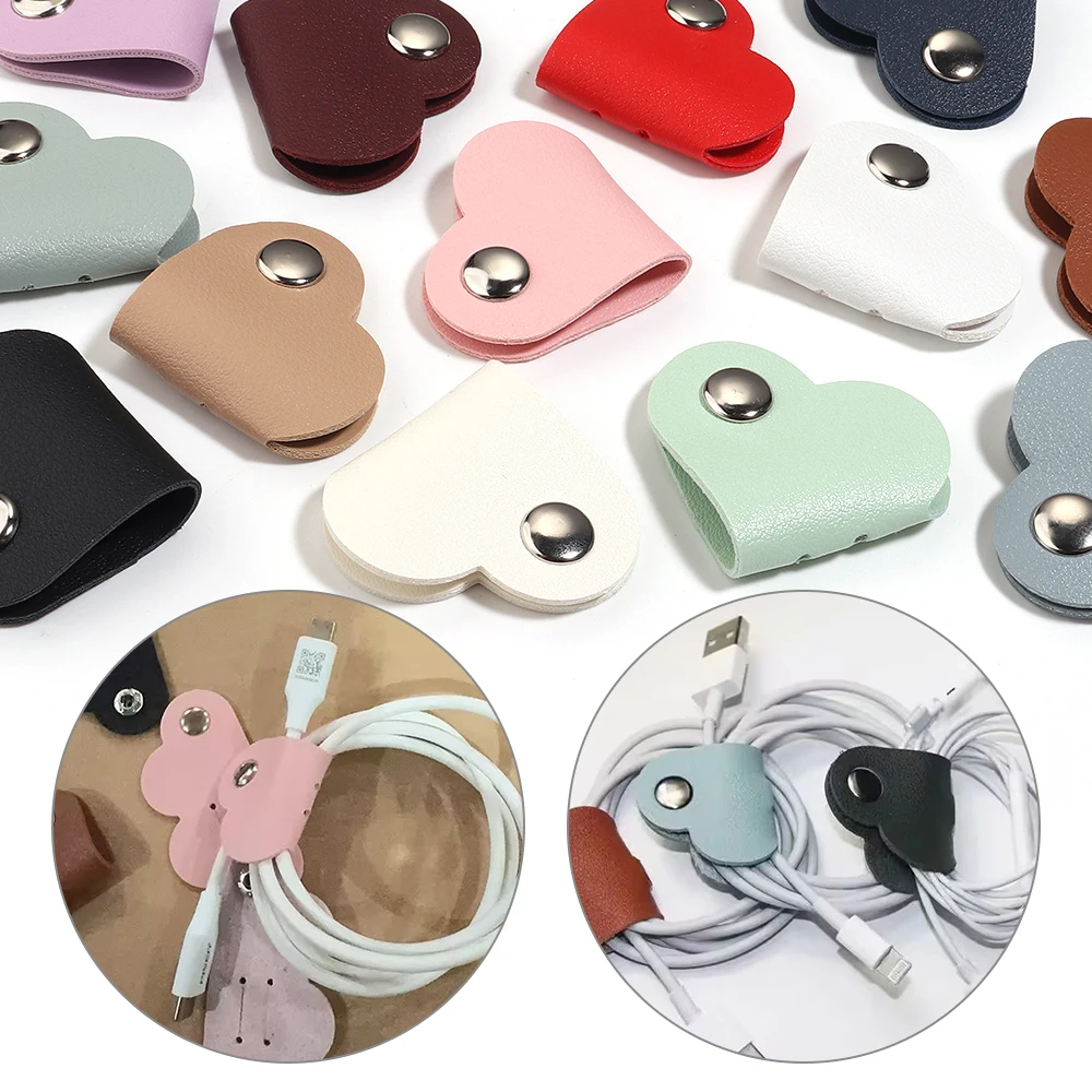 5 Stück/Set, bunte Handykabel-Organizer in Herzform aus Kunstleder, Kabelhalter für Datenkabel, Kabelclip, Kabelhalter für kabelgebundene Kopfhörer. – Detail 4