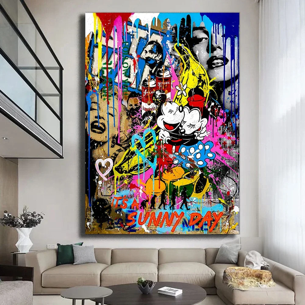 

It's A Sunny Day Poster Happiness Mickey Minnie Mouse Graffiti Painting Pop Wall Art Picture Living Room Home Decor Canvas Print