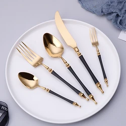 Luxury Western Gold Dinnerware Set Stainless Steel Knife Fork Tea Spoon Tableware Cutlery Set Kitchen Flatware Dishwasher Safe