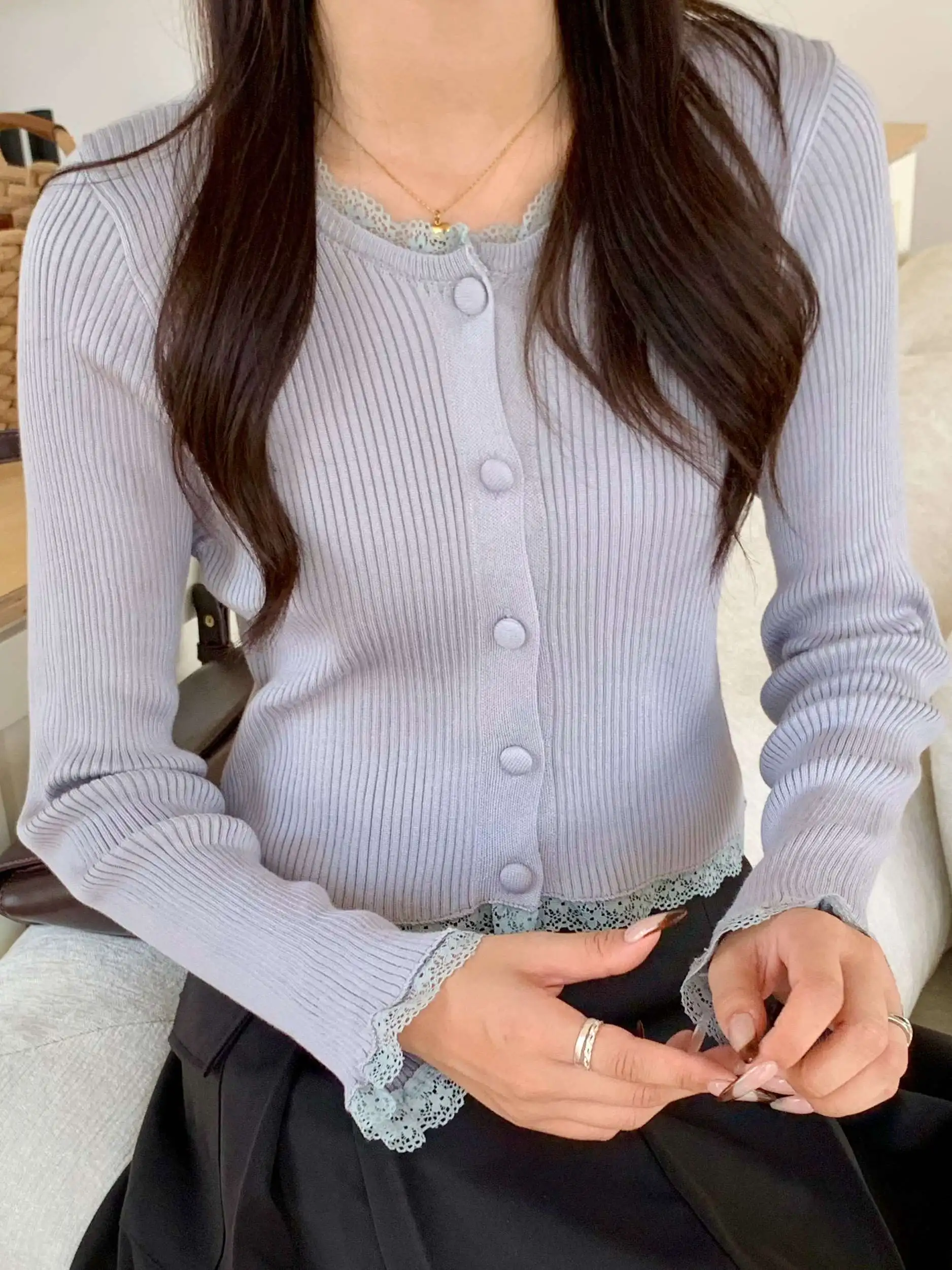 

Korean Sle Lace Trim Splice Slim Fit Long Sve Thin Knitted Cardigan for Women Autumn Winter New Arrival Soft Polyester F...