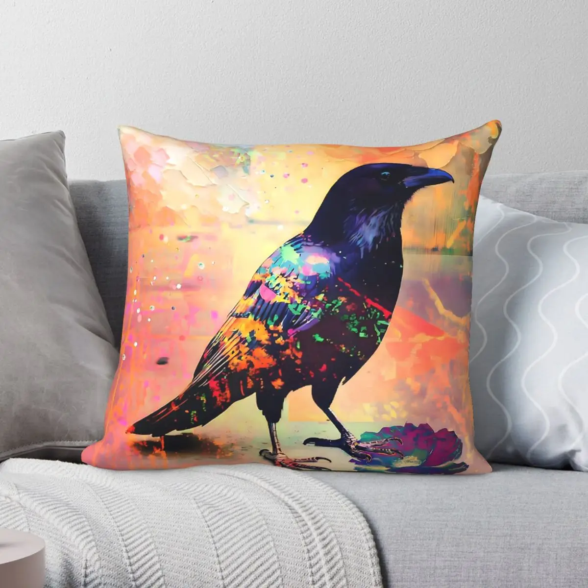Vibrant Crow Raven Art Square Pillowcase Polyester Linen Velvet Creative Zip Decor Sofa Cushion Cover 18