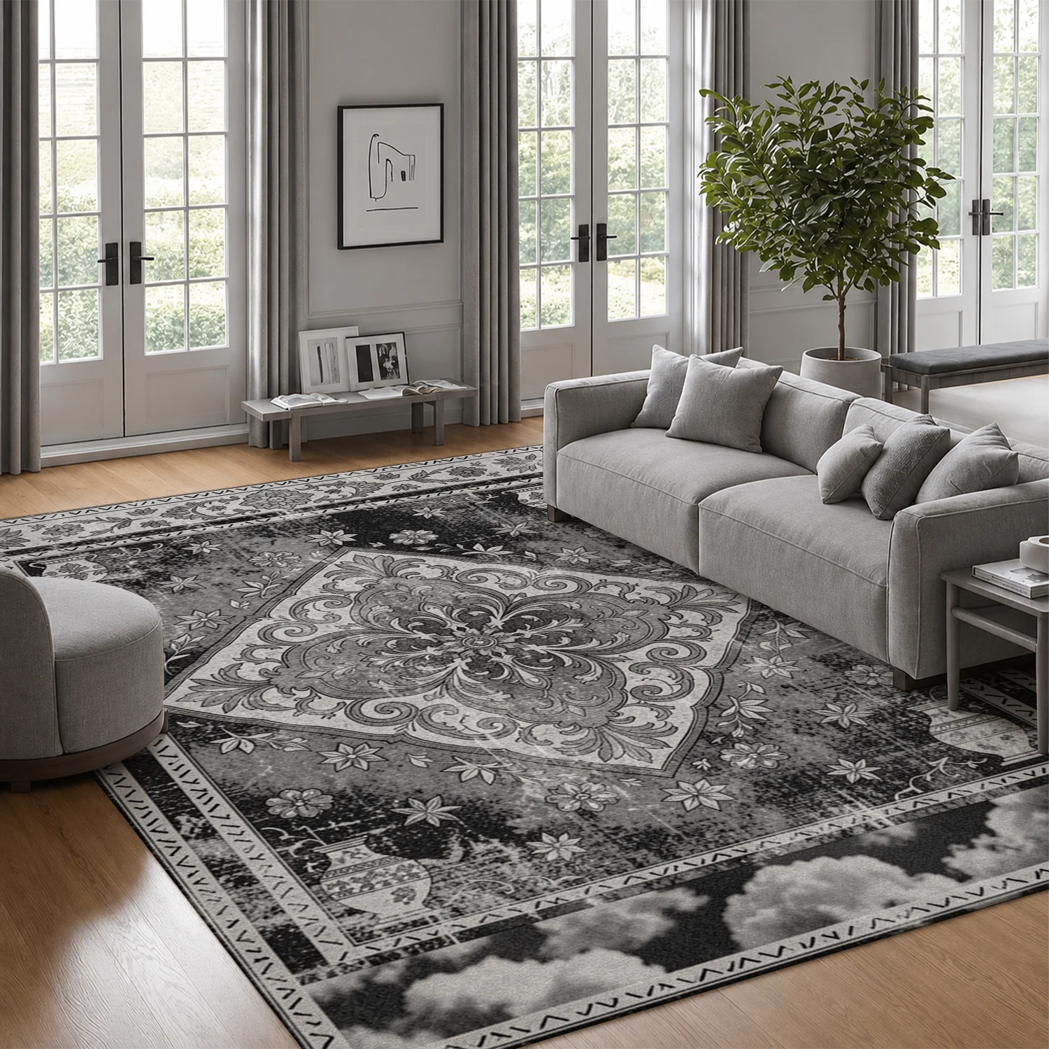 Vintage Medallion Floral Vase Pattern Area Rug, Soft Velvet Machine Washable Floor Rug for Living Room, Bedroom, Dining Space, Ideal for Halloween, Thanksgiving, Christmas, New Year, Black Friday, Cyber Monday Home Decor