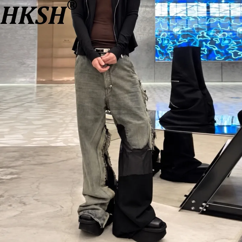 HKSH Spring Autumn Men's Tide Chic Waxed High Street Washed Denim Jeans Women Y2K Color-Blocked Slightly Flared Wide-Leg HK28348