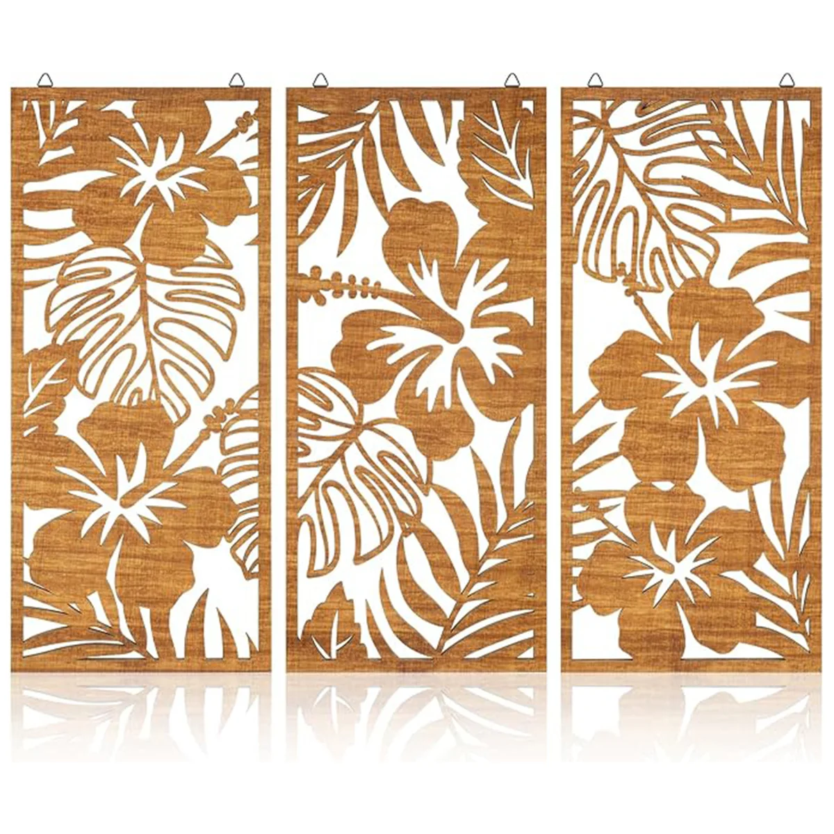 Decoración de pared de hoja de palma de madera, arte de pared minimalista, flores de hibisco de madera, decoración colgante, placa de planta Vintage para el hogar y el baño, 3 uds.