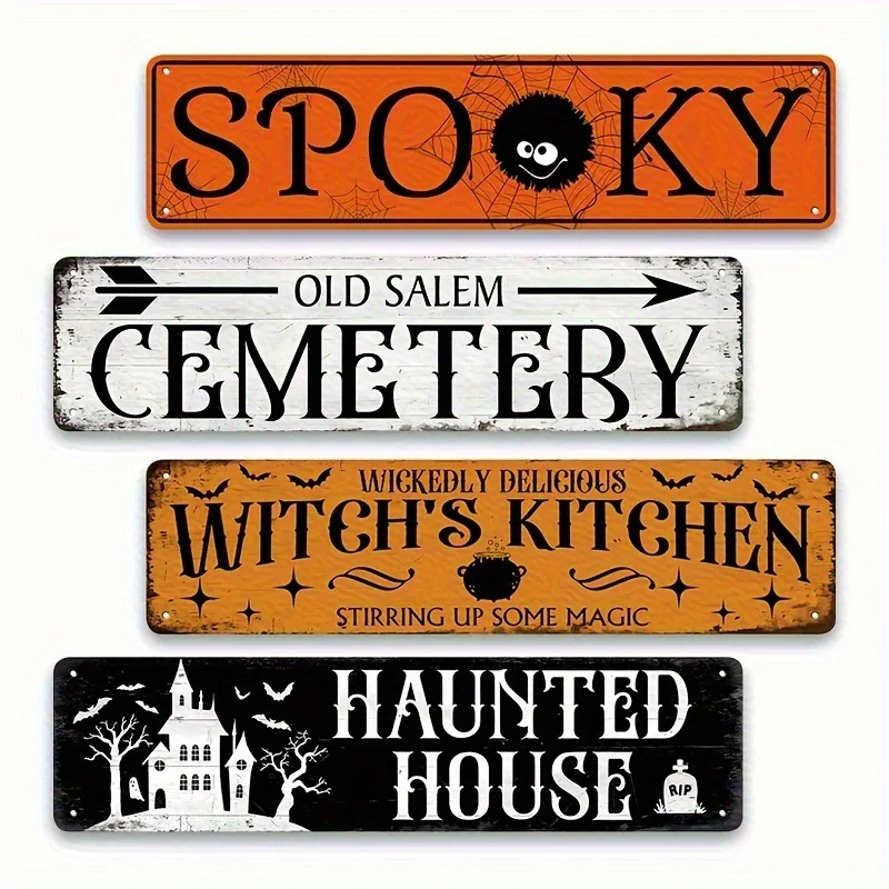 4pcs Halloween Metal Tin Sign - Vintage Rustic Wall Art 10X40 Cm, Spooky Salem Cemetery, Wicked Delicious Kitchen, Haunted House