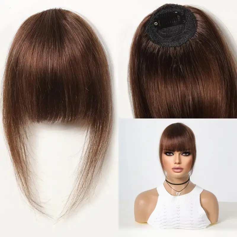 100% Human Hair Bangs Natural Brown Wispy Bang Hair Clip in Bangs Fringe with Temples Hairpiece for Women Clip on Air Bang 4.5in - Image 8