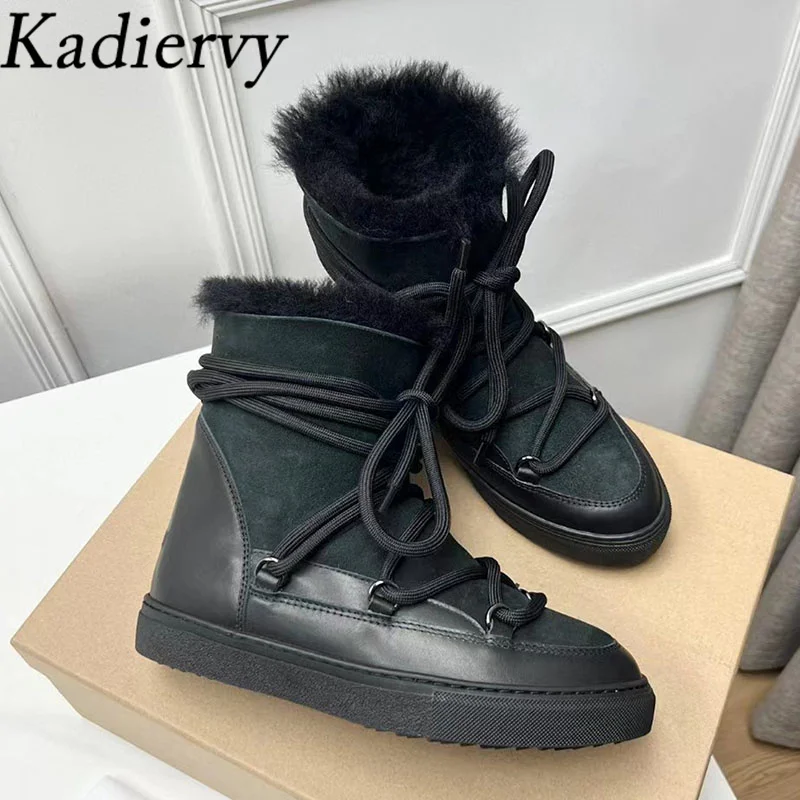 Winter Snow Boots Woman Lace Up Round Toe Wool Warm Shoes Women Suede Patchwork Short Boots Flat Ankle Boots For Women