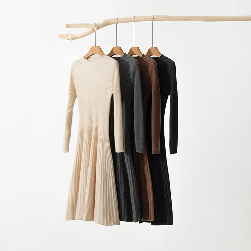High-end New 100% Pure Cashmere Sweater Long Dress Women Long Sleeve Knitted Dresses High Elastic Female Solid Color Fashion  Pu