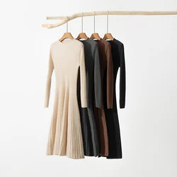 High-end New 100% Pure Cashmere Sweater Long Dress Women Long Sleeve Knitted Dresses High Elastic Female Solid Color Fashion Pu