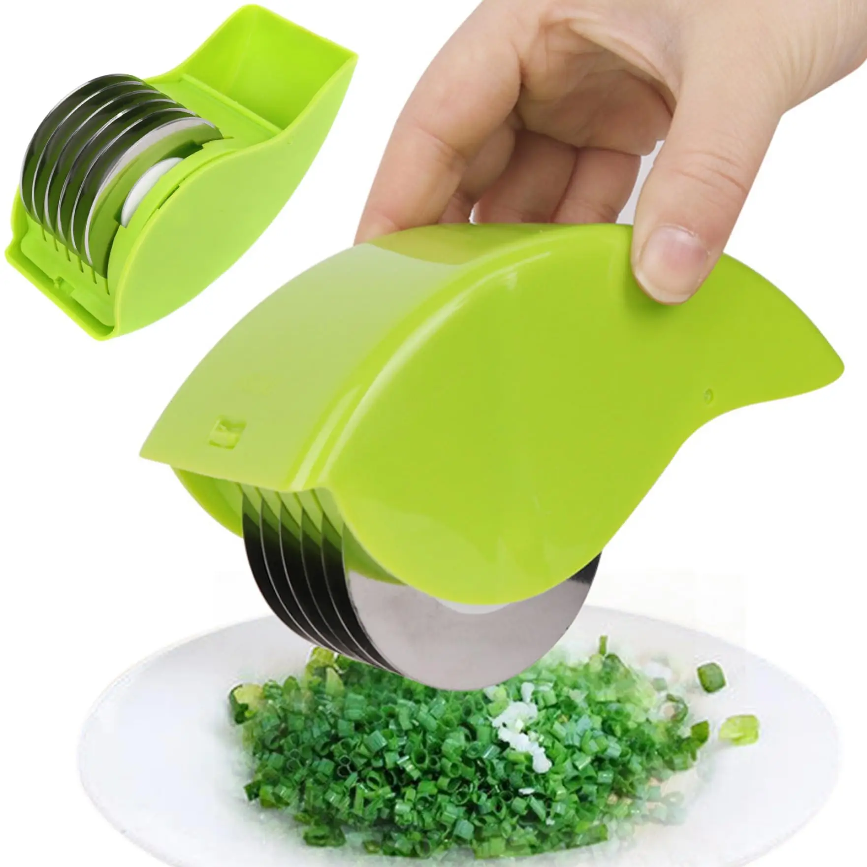 Herb Roller Chopper Manual Hand Scallion Chive Mint Cutter with 6 Stainless Steel Blade Detachable Kitchen Vegetable chop Tools