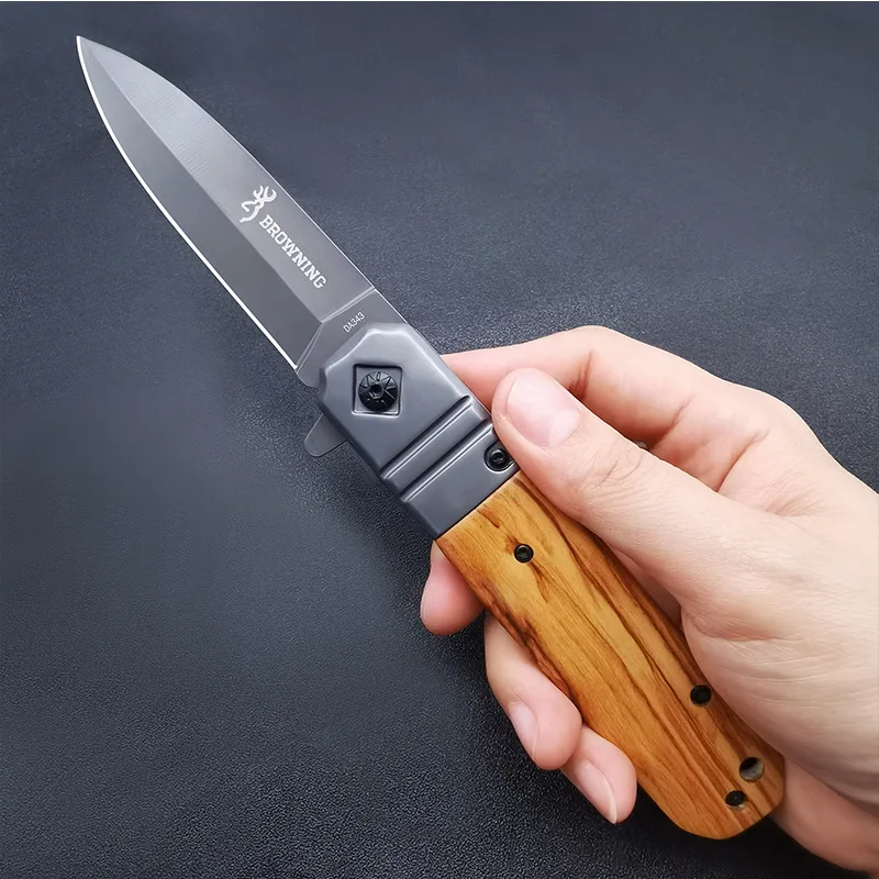 Outdoors EDC Camping Folding Knife Military Tactical Pocket Knives for Hunting and Fishing Wooden Knife Handle Men\'s Gift