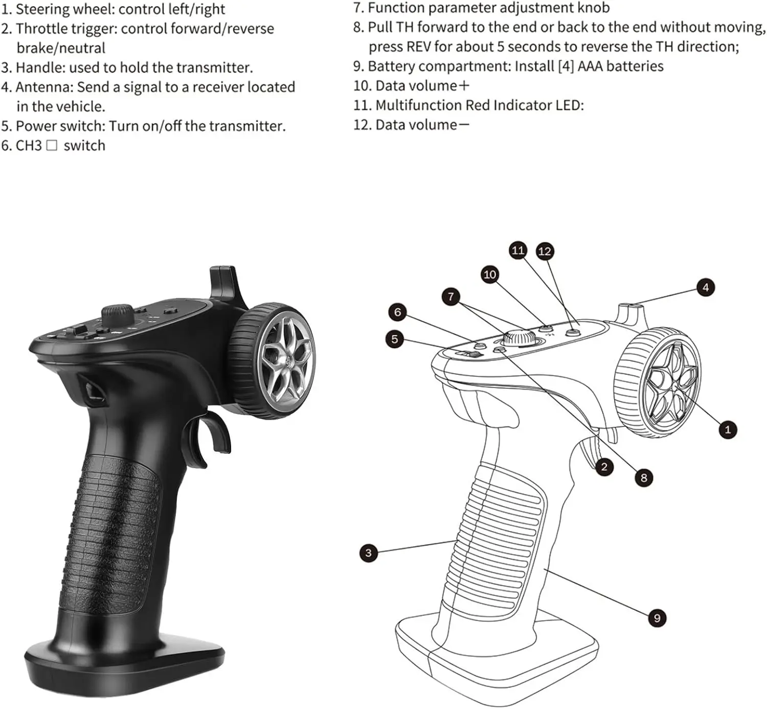 Control Remoto TX4 RC 2.4GHz TX-4, Sistema de Radio Digital de 4 Canales con Receptor para Coche o Barco RC 1/8 1/10