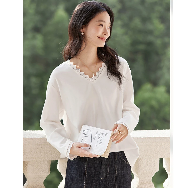 VIMLY Women's Off-white Ruffled V-neck T-shirt 2026 Autumn New Loose-fit Long Sleeve Basic Tees Elegant Fashion Female Top A0768