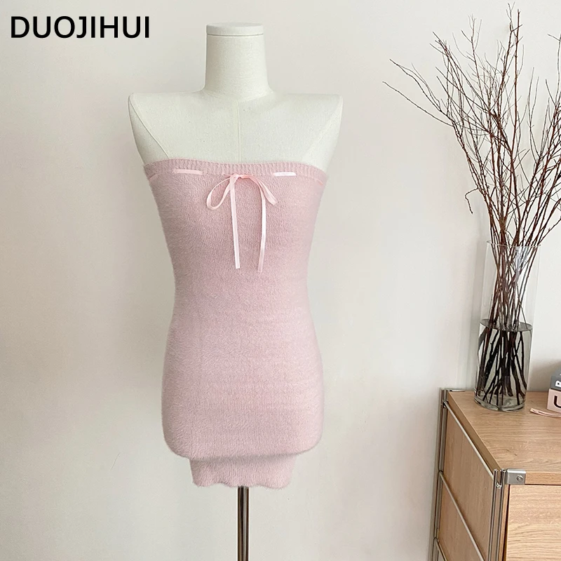 DUOJIHUI Two Piece Pink Sweet Women\'s Dresses Korean Style Knitting Soft Chic Bow Canshoulder Blast Pure Color Female Mini Dress