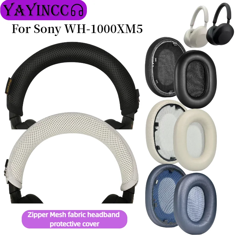 

YAYINCC Replacement Leather Earpads With buckle+Zipper Knitted fabric headband protective cover for Sony WH-1000XM5 headphones