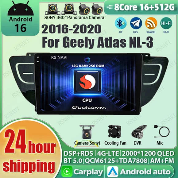 Android 16 Carplay Auto Qualcomm 2K QLED Screen Car Radio Player For Geely Atlas 2016-2020 GPS Wifi Multimedia 4G DSP Stereo BT