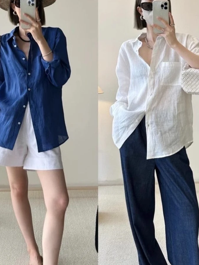 White Linen Long Sve irt Women Summer Thin Loose Cotton Linen irt Outer Sun Protection Top  Collar Regular Fit
