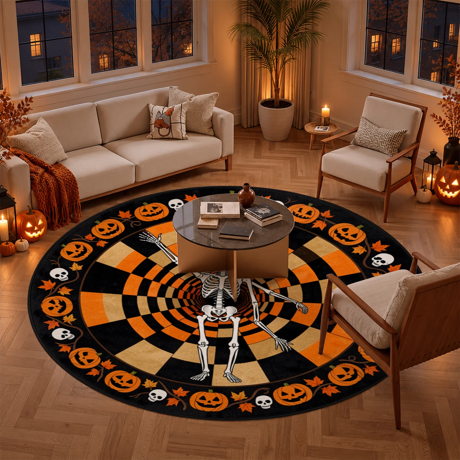 Halloween Skeleton Pumpkin Pattern Round Velvet Rug, Machine Washable Stable Placement Area Rug for Living Room Bedroom Entryway Dining Room, Ideal for Halloween Thanksgiving Black Friday Christmas New Year Holiday Decoration