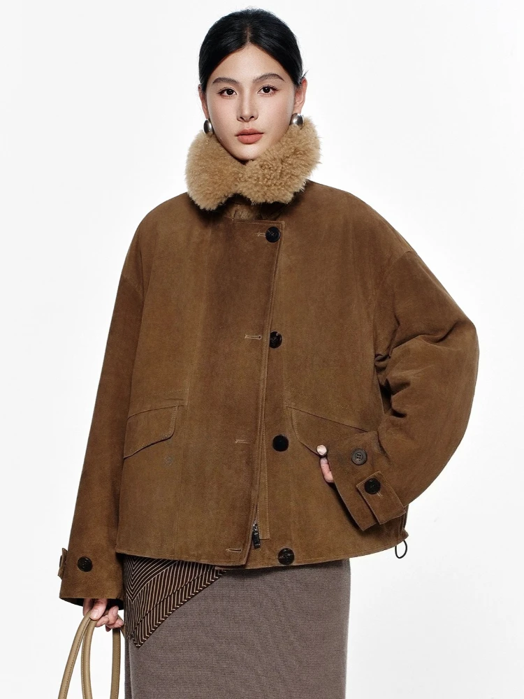 

Natural Cashmere Collar Genuine Leather Down Jackets for Women 2026 High-end Simple Short Winter Real Cow Suede Goose Down Coat