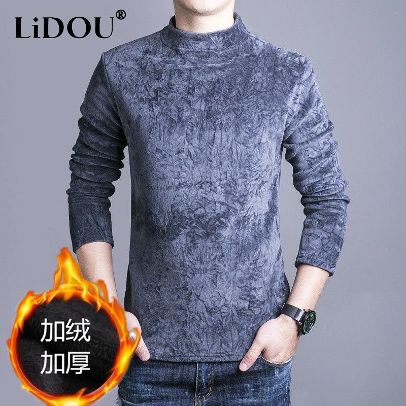 2023 Autumn Winter New Solid Color Fashion Turtleneck T-Shirts Man High Street Long Sleeve Casual Plus Velvet Warm Pullovers