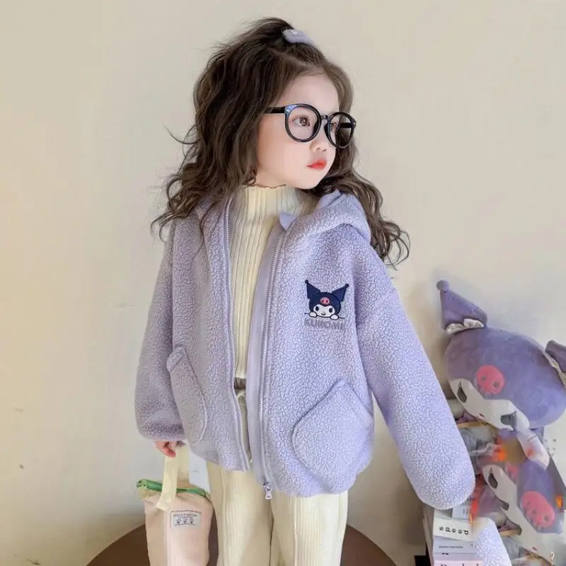 Hot Sanrio Girls Velvet Long-Sleeved Coat Children's Tops Baby Fur Sweater Hooded Top Princess Cartoon Cute Casual Sports Anime