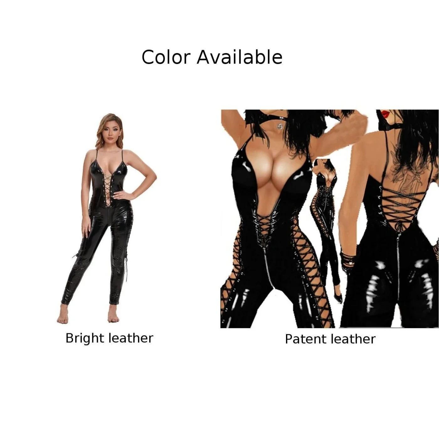 Women Sexy Lingerie Leather Bodysuit Open Crotch Lace Up Hollow Erotic Rompers Erotic Solid Color Classic Oily Shiny Bodysuit