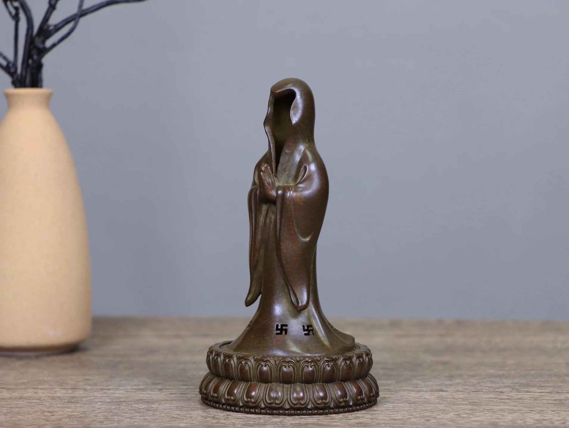 Antique Bronze Incense Burner, Faceless Buddha Statue with Lotus Base, Zen Home Decor & Meditation Ornament
