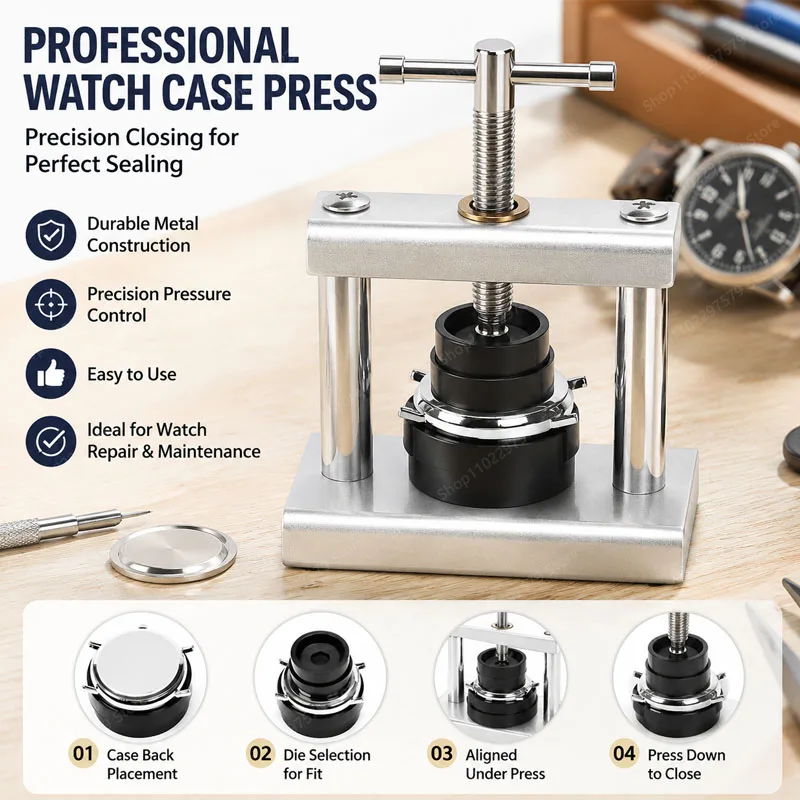 Professional Benchtop, Watch Repair Pressing Tool Set With T-Handle Screw-In Case Press, Non-Damaging Dial And Case Back Press.