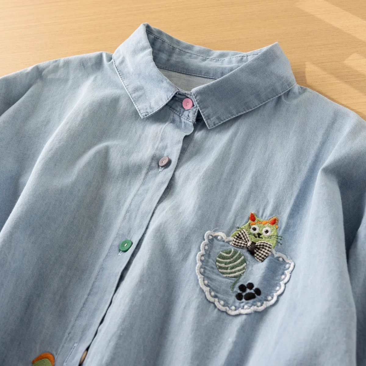 Autumn clothing women Japanese style cartoon cat tail embroider denim shirts blouses long sleeve tops mori girl cute clothes
