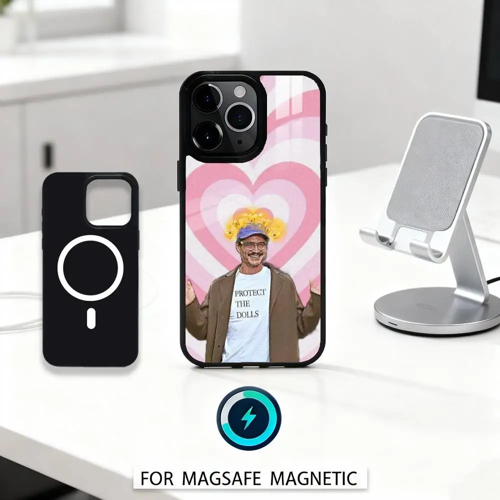 Pedro Pascal con sfondo H-heart Custodia per telefono per iPhone 16,15,14,13,12,Pro,Max, magnetica per ricarica wireless Magsafe