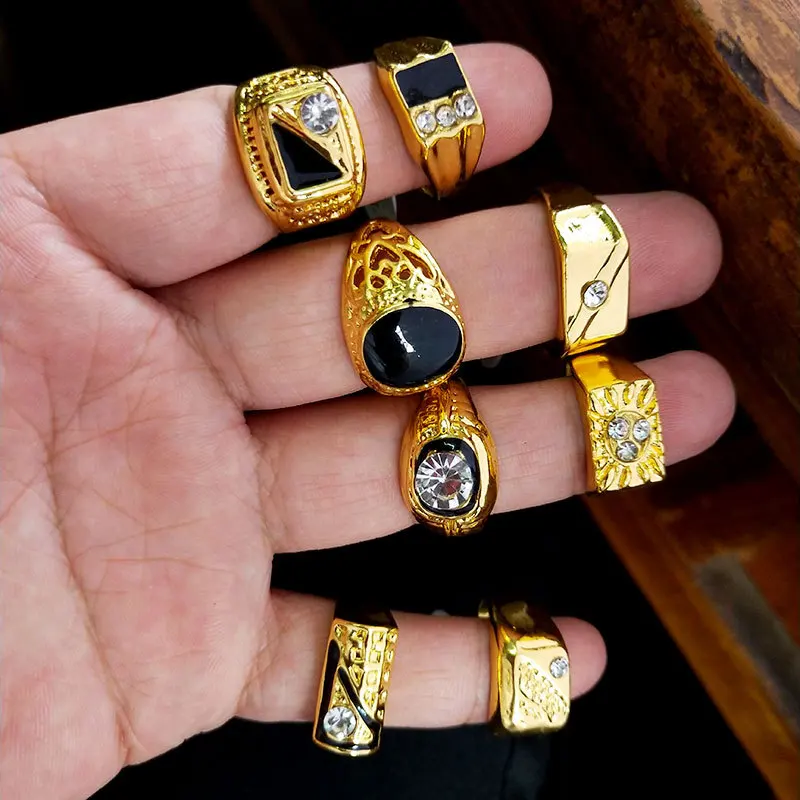 20pcs Large Size Rings Gold Color Plated Zircon Men Hip Hop Party Gift Night Market Stall Handmade Jewelry