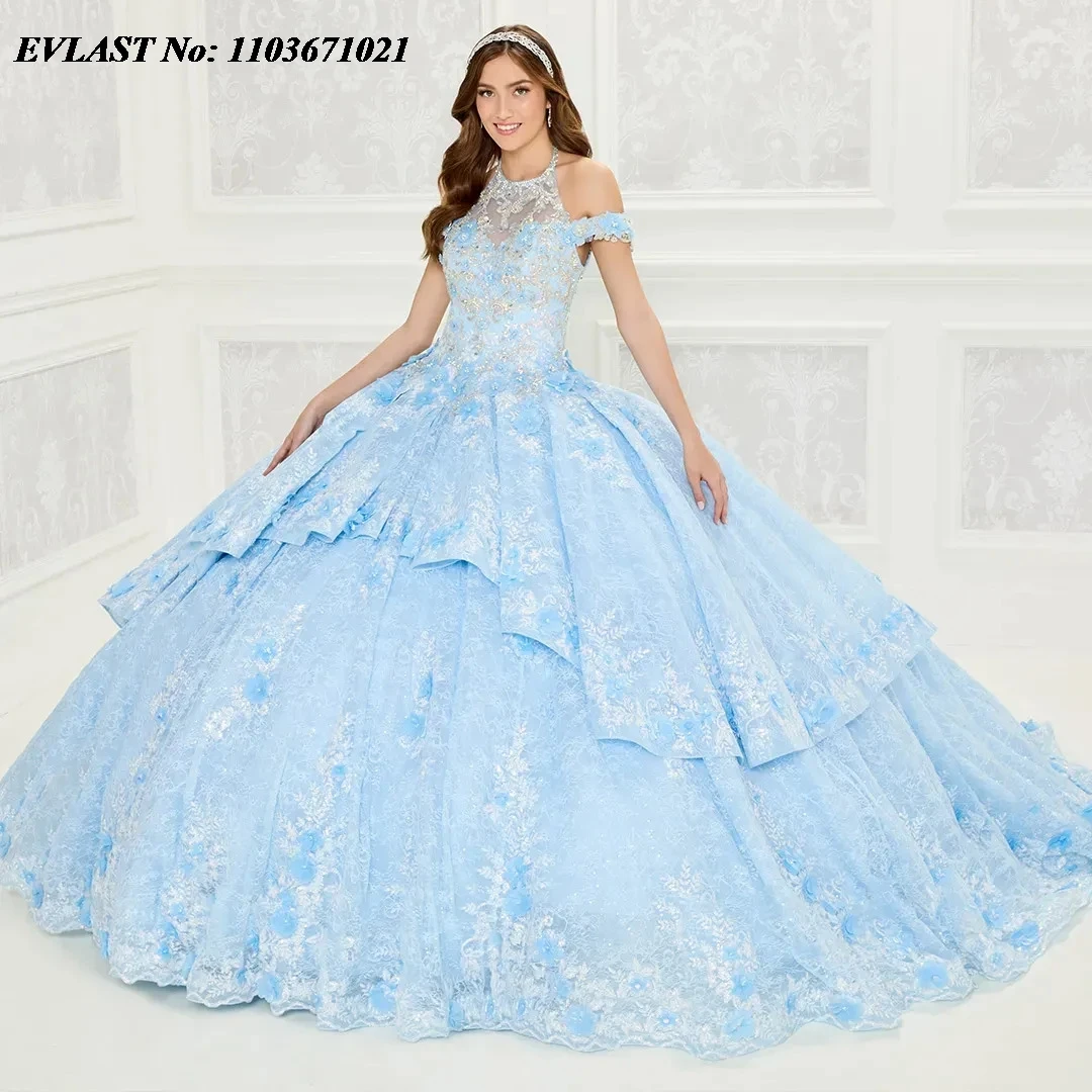 Evlast mexikanische blaue Quince anera Kleid Halfter Ballkleid Spitze Applikationen Kristalle Perlen Korsett abgestufte Vestidos de XV Anos sq286