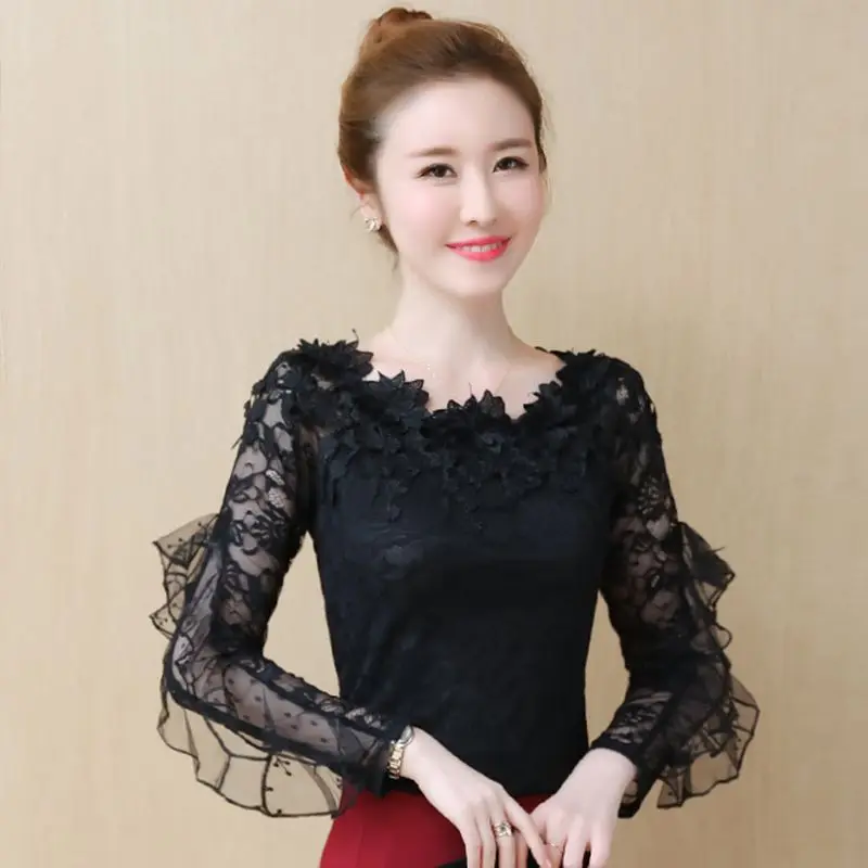 

Elegant Lace Hollow Out Embroidery Blouses Women Clothing 2023 Autumn Winter Loose Korean Tops Butterfly Sleeve Shirts