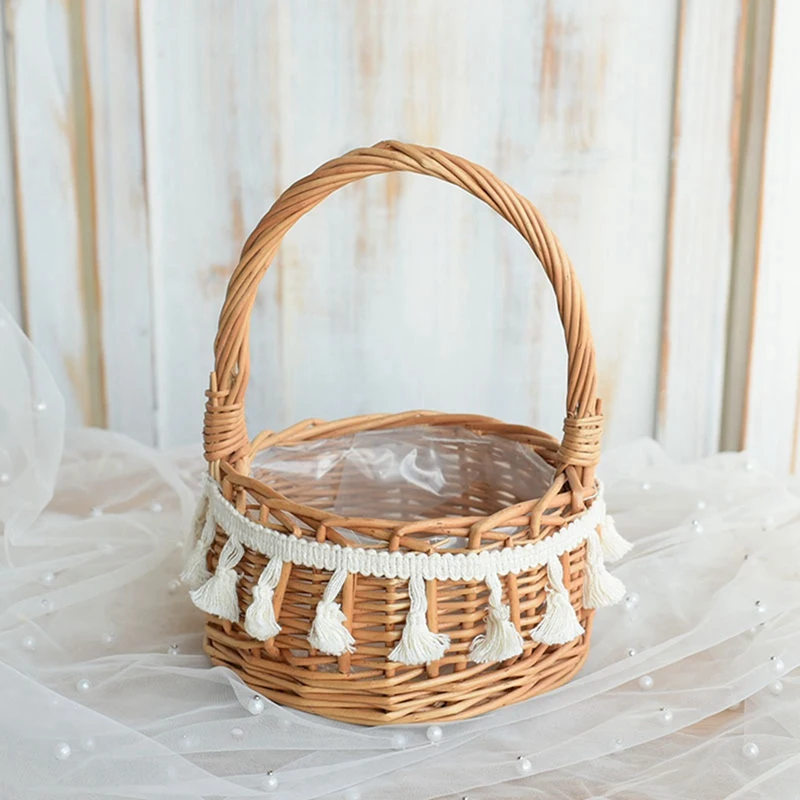 2X Woven Storage Basket And Ribbon Wedding Flower Girl Baskets Wicker Rattan Flower Basket For Home Garden Decor