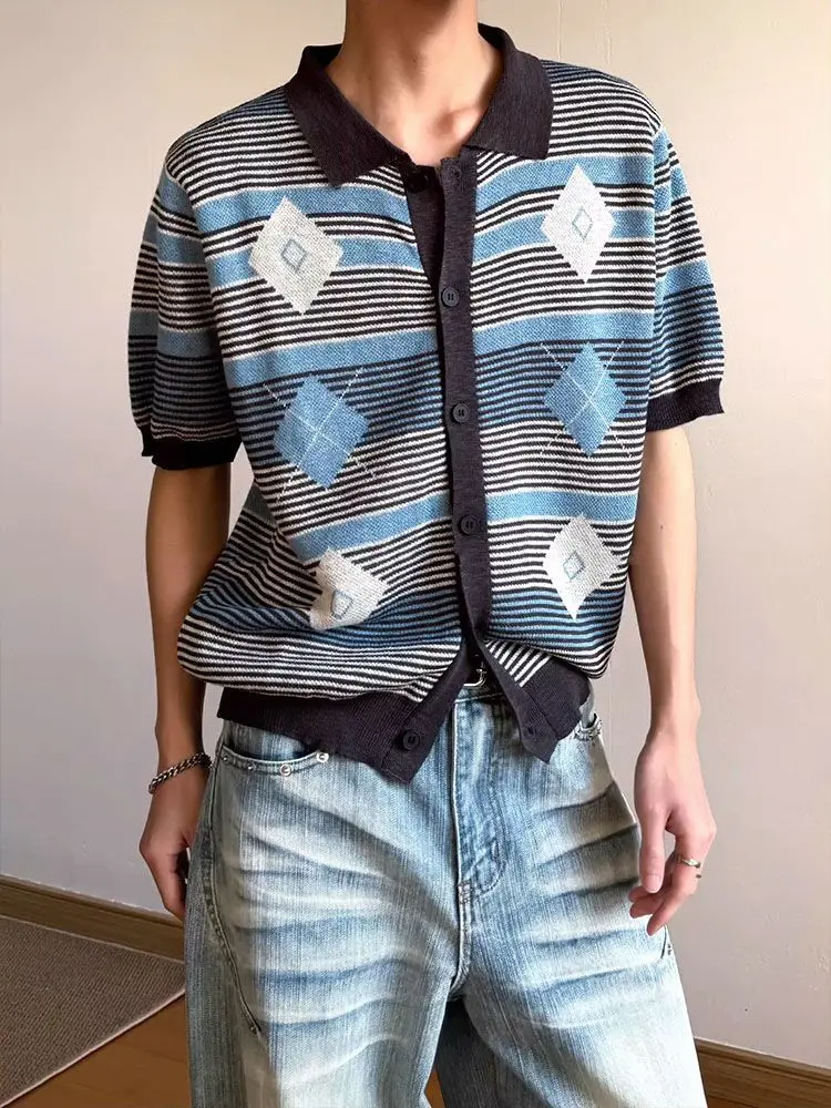 New Color Blocking Retro Casual Striped Diamond Button Knitted Cardigan Men's Short Sleeved Lapel Top