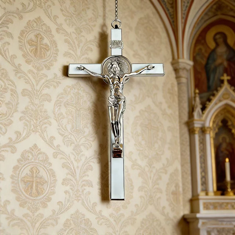 New 2026 Classic Silver-Tone Catholic St Benedict Crucifix with INRI for Church Altar Decor and Home Prayer Space Enhancement