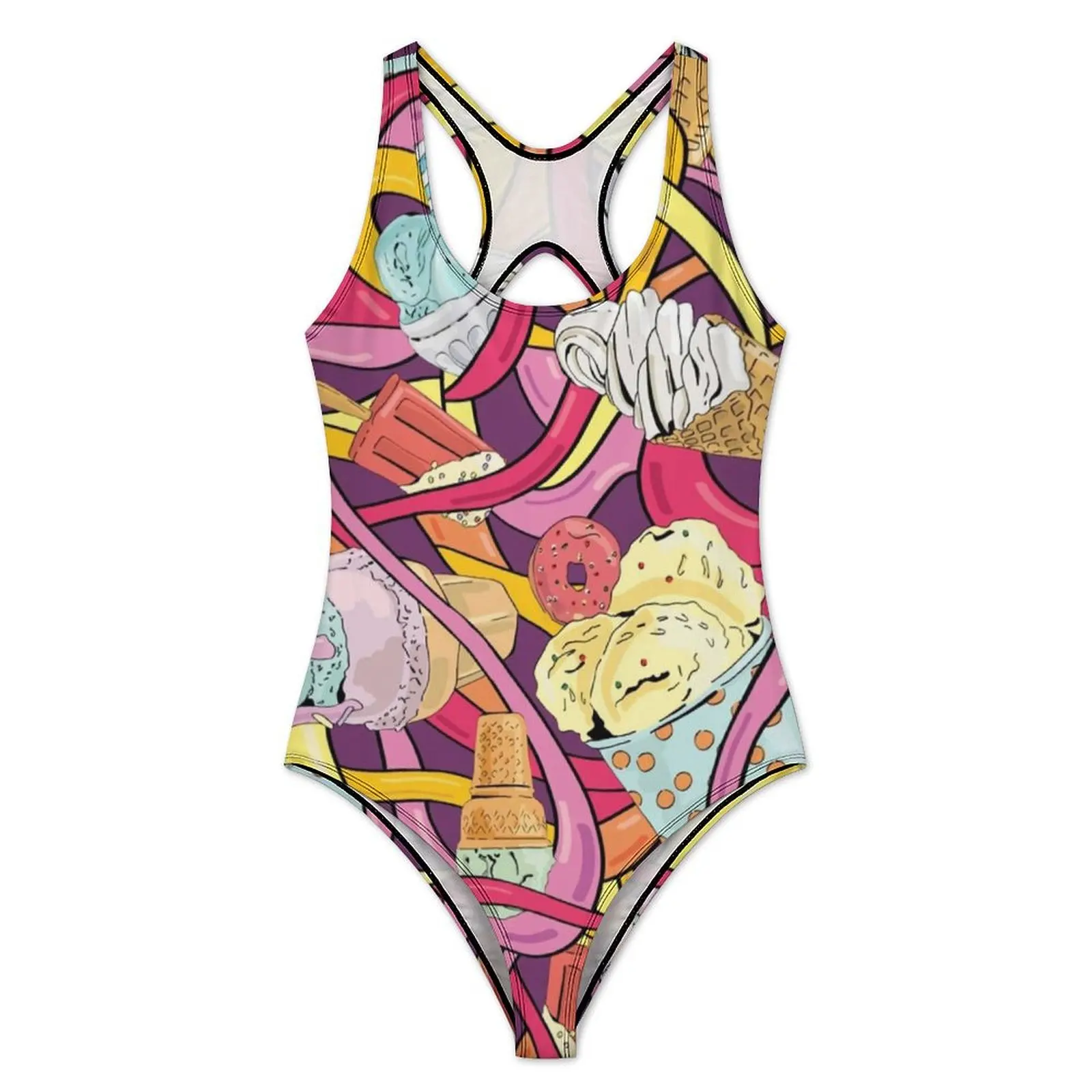 Abstract Ice Cream Swimsuit Sexy Funny Food Print Women Swimwear One Piece Fashion Bodysuit Holiday Push Up Backless Monokini