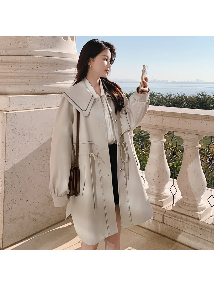 الفرنسية ربيع الخريف الحلو الرجعية الأبيض سترة واقية بسيطة أزياء أنيقة مريحة طويلة دمية طوق الرباط زر معطف