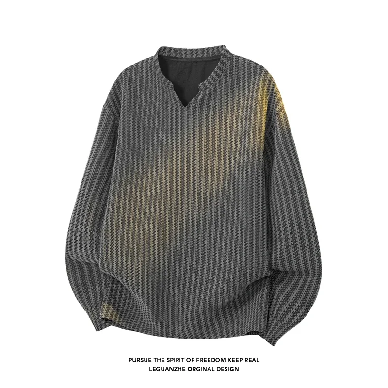 Men Notched V Neck Long Sleeve Top Houndstooth Jacquard Knit Fabric Loose Oversized Fit For Autumn Street Daily Outfit