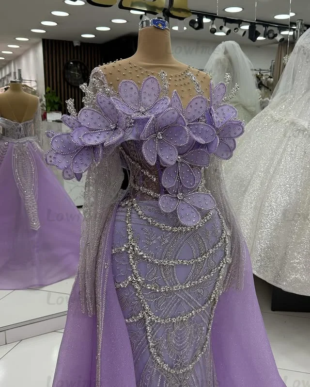 

Lilac Floral Dubai Evening Dresses Long Sleeves With Detachable Skirt Customized Crystals Formal Occasion Prom Party Dress Gowns