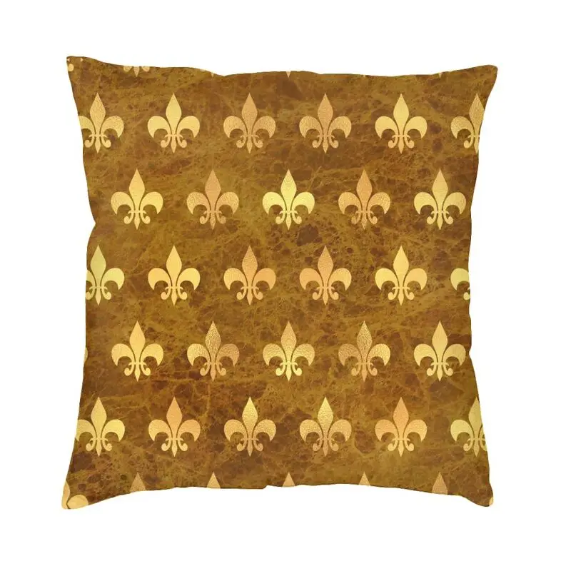 Royal Gold Brown Marble Fleur De Lis Cushion Cover 45x45cm Lily Flower Soft Velvet Luxury Pillow Cases for Sofa
