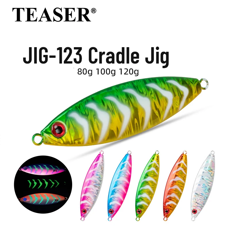 TEASER J123 80g-120g Deriva lentamente a la costa iluminada por la noche, señuelos de fundición lejos, pesca en el mar con cebos de jigging lento, plantilla de cuna
