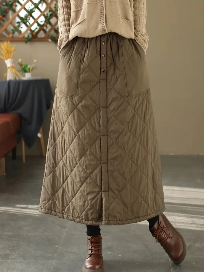 

Thiened Cotton A-Line Skirt Women's High Waist Slim Straight Mid-Length Skirt Retro Diamond Pattern Autumn Winter Warm