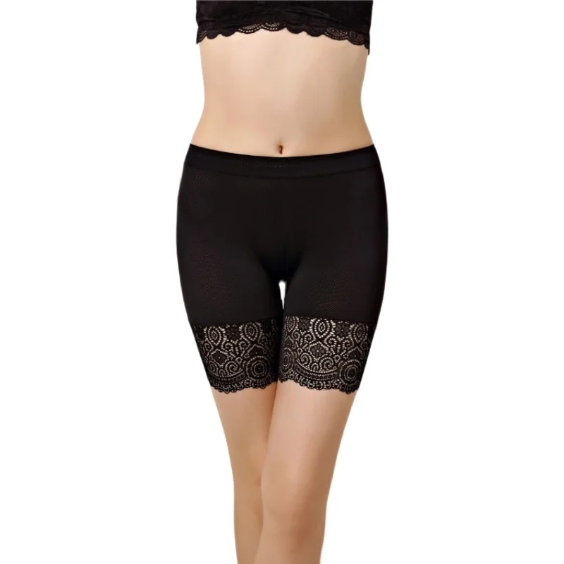 Ice Silk High Waist Lace Trim Se Pants Women's Summer Breathable Base Layer Pants Tee-quarter Length plus Size orts