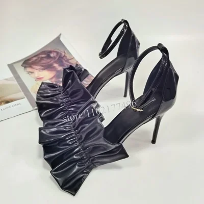 Fringe Black Leather Cloth Ruffle Crinkle Pumps Buckle Cover Heel Sandals Patent Hollow Branded Stiletto Round Toe Concise Shoes