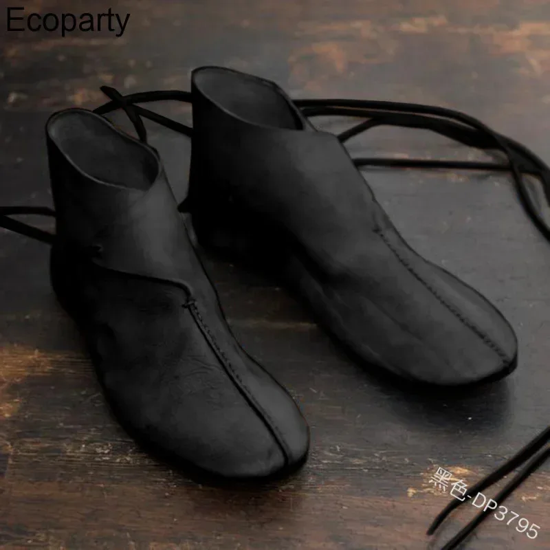 

Men's Medieval Knight Warrior Cosplay Short Flat Boots Retro Black Pu Leather Round Head Ankle Boots Japanese Samurai Sho KC1443