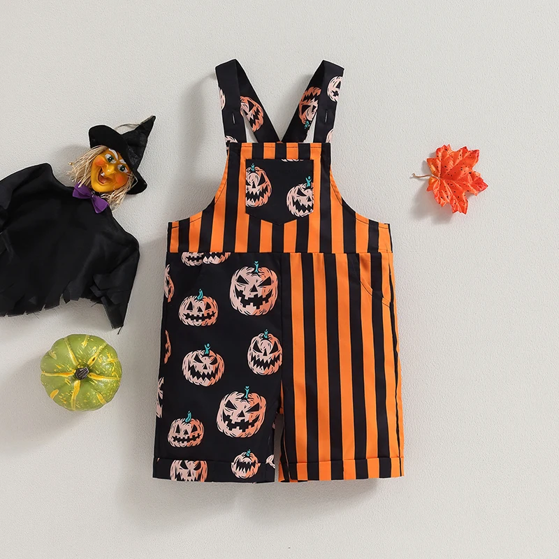 

Kids Halloween Suspender Shorts with Spooky Ghost and Bat Print Bib Overalls Romper for Toddlers