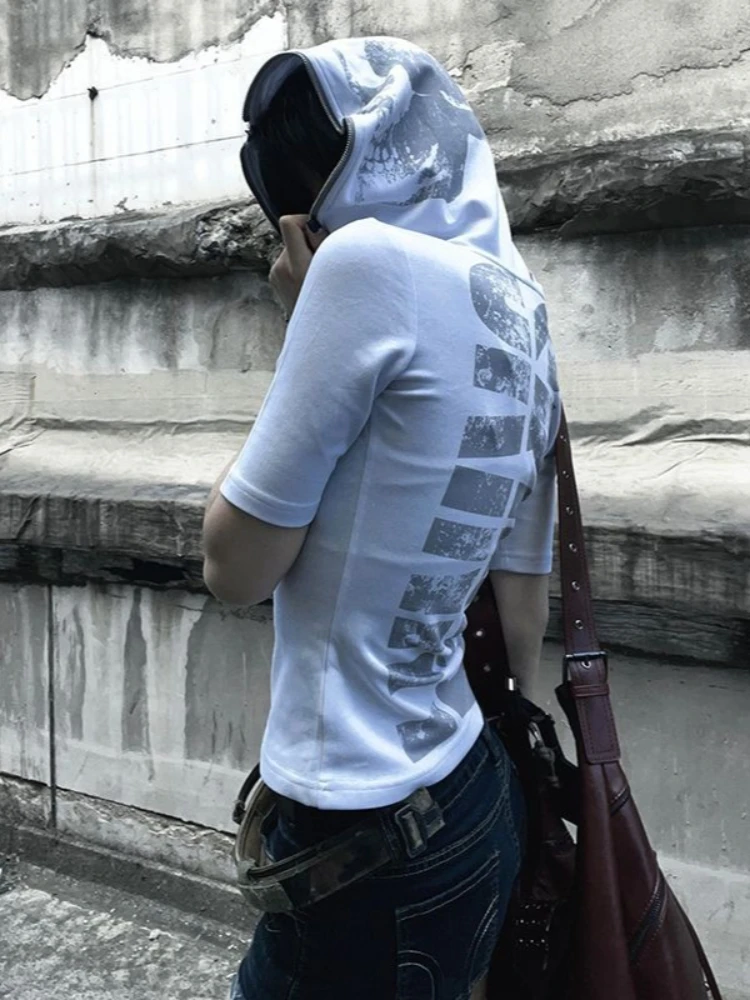 Streetwear Punk Vintage Printing Hooded T-shirt Harajuk Women Casual Slim Fit Tops Y2k Aesthetic Grunge Cropped Zipper Tshirts